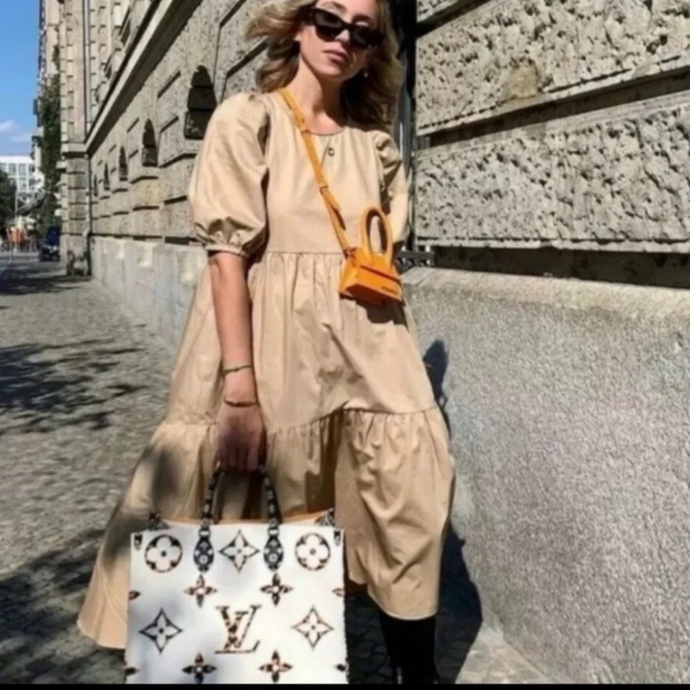 NEW Zara Women puffed sleeve midi dress, size S, neutral beige color - Picture 4 of 8